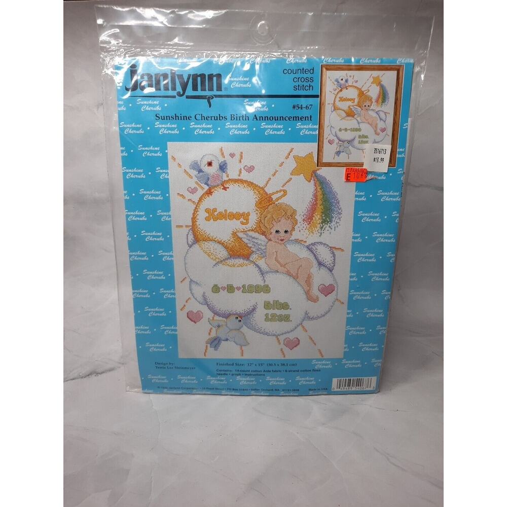 Vtg Janlynn Counted Cross Stitch Kit Sunshine Cherubs Birth Announcement 12x15
